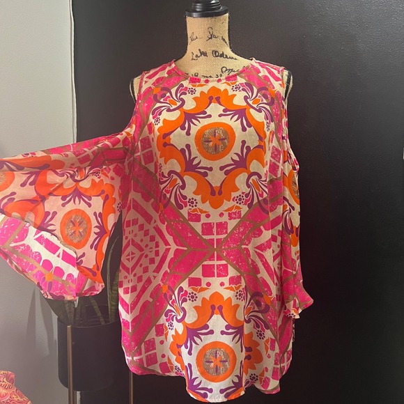 Chico's Womens Size 2 Sleeveless Cold Shoulder Tunic Top Pink Orange Print - Picture 2 of 10